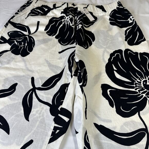 Talbots Wide Leg Pants 100%  Linen Black White Floral Size Large Crop Tropical - Picture 2 of 8